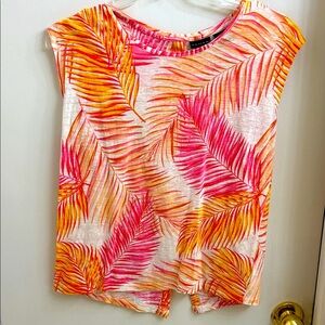 Tahari 100% Linen Pink & Orange Leaf Print Short Sleeve Top
